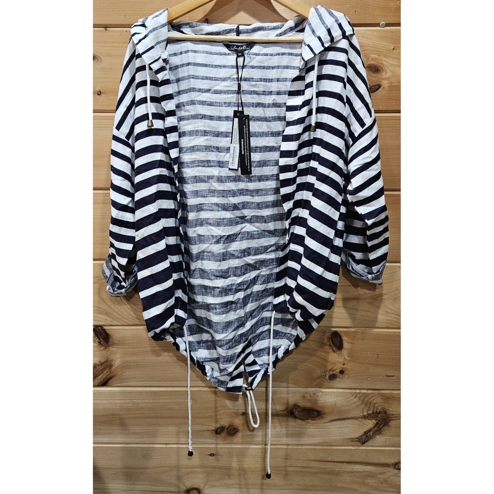NWT Charlie B Nautical Striped Hooded Linen Jacket Women's Large Drawstring...